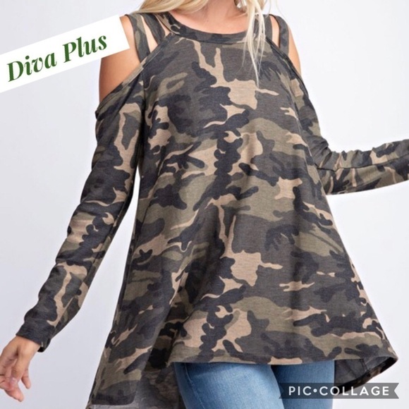 SALE!! 1 Left! Diva Plus! Camouflage Cold Shoulders Top - Picture 1 of 4